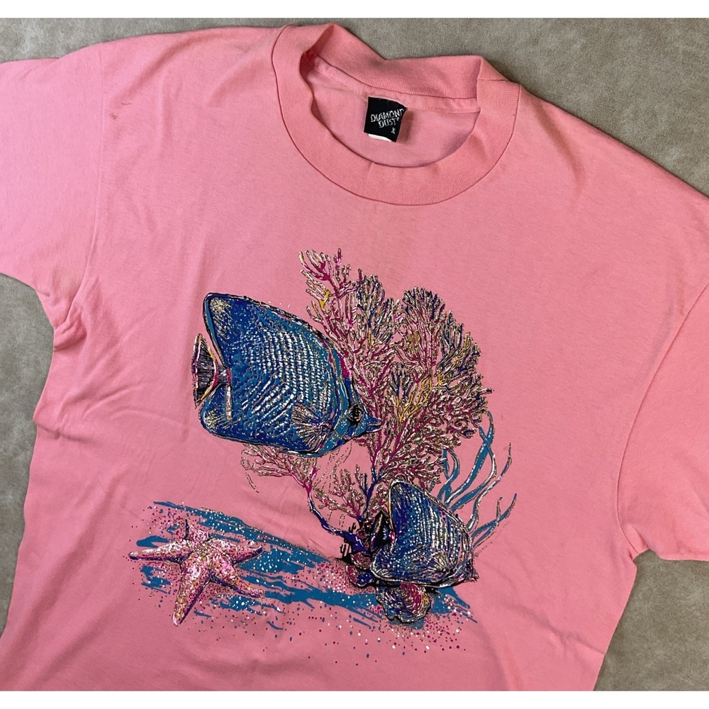 Vintage Diamond Dust Shirt Sparkling Fish Graphic Tee Single Stitched 90s XL USA